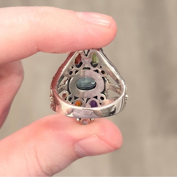 Sterling 18K Large Gemstone Ring, Bali Style Filigree Size 8.5 Rainbow Multigem - Picture 15 of 17